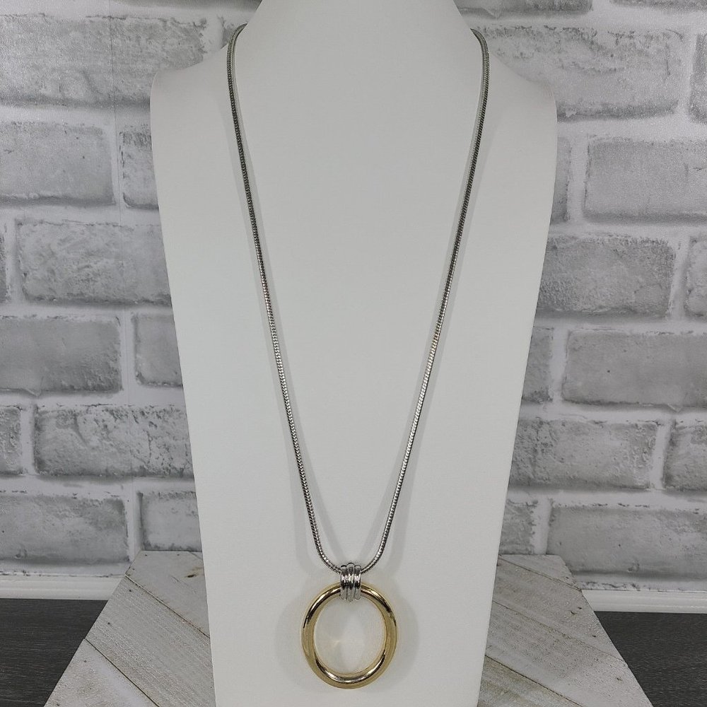 Vintage Anne Klein Classic Oval Pendant Necklace Silver Gold Tone Mixed Toggle